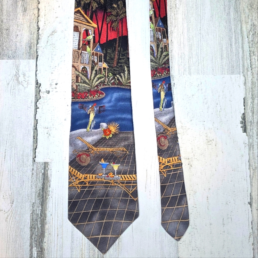 Vintage Croft & Barrow Silk Necktie Tropical Poolside Parrots, Cocktails & Palms